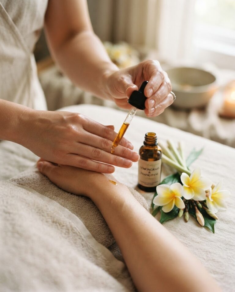 Warmes Aromaöl für die Wellness-Aromaöl-Massage, umgeben von Zitronengras und Blüten