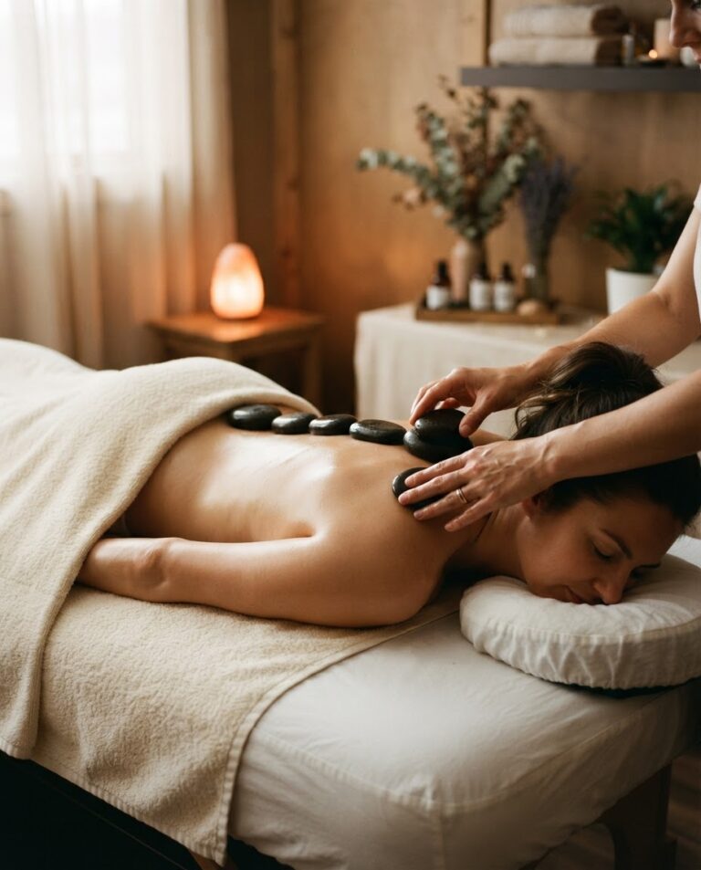 Hot-Stone-Massage mit warmen Basaltsteinen auf dem Rücken