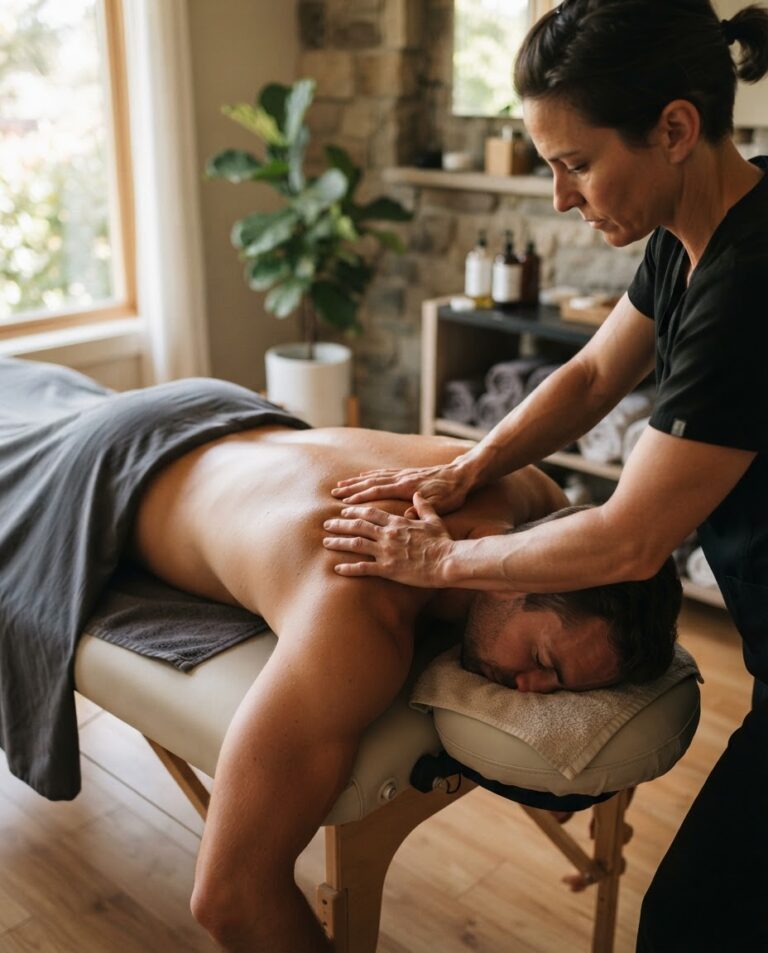 Sportmassage an Schulter und Nacken zur Lockerung der Muskulatur