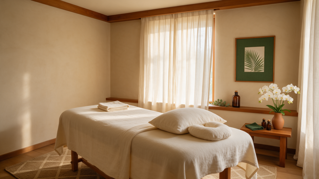 Ruhiger Behandlungsraum für Thai-Massage in Minden mit Massageliege, Orchidee und warmem Tageslicht