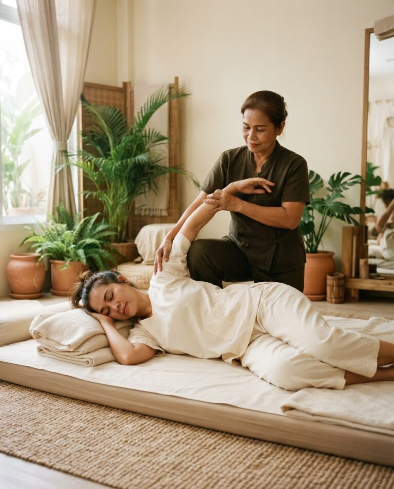 Traditionelle Thai-Massage mit sanften Dehnungen auf der Bodenmatte